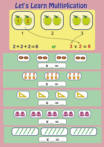 lets learn multiplication, mathematical activity, multiplication worksheet for students - Vector, Image