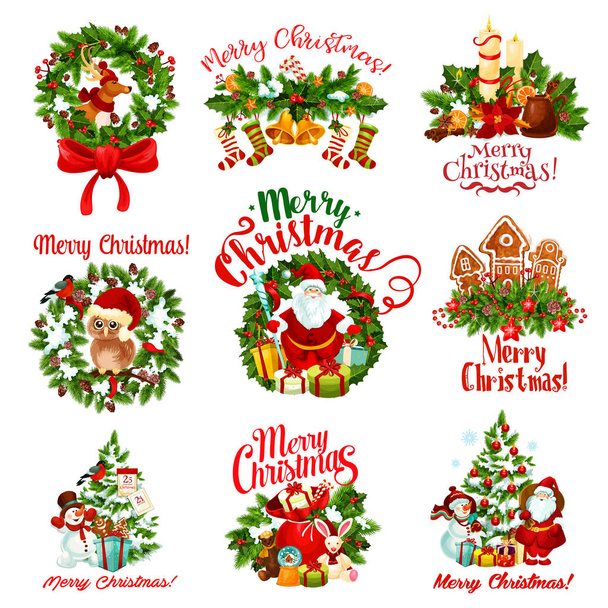 Christmas holiday wreath and New Year gift badge - Vector, Image