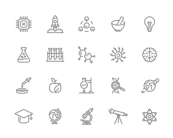 Set of vector science and research line icons. Chip, rocket, atom, ion, lamp, tube, bulb, neuron, brain, dna, molecule, lab, space, microscope, telescope and more. - Vector, Image