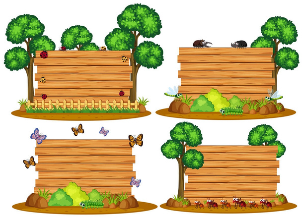 Cuatro tablas de madera con insectos y árboles
 - Vector, Imagen