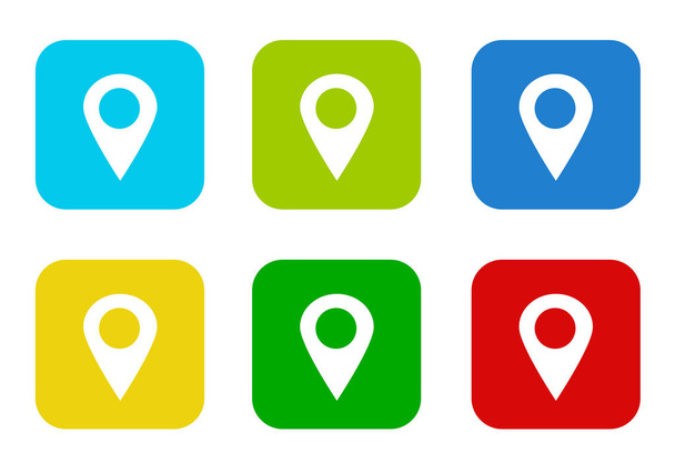 Conjunto de iconos planos cuadrados redondeados y coloridos con marcadores en los mapas en colores azul, verde, amarillo, cian y rojo
 - Foto, Imagen