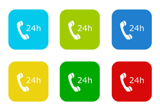Conjunto de iconos planos cuadrados redondeados para simbolizar la atención 24 horas en colores azul, verde, amarillo, cian y rojo
 - Foto, imagen
