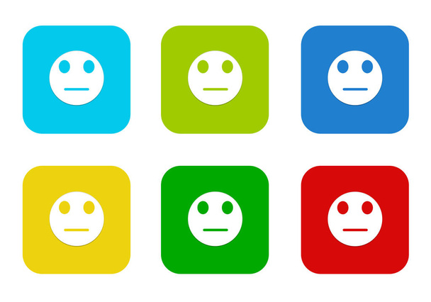 Ensemble de boutons ronds carrés colorés avec symbole de visage neutre en bleu, vert, jaune, orange, violet et rouge
 - Photo, image