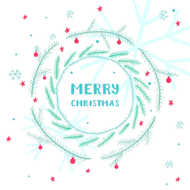 Cute Christmas card with round frame of decorated spruce branche - Vector, Image