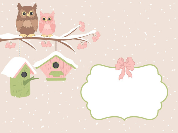 Vector Christmas Card Template with Owls Sitting on Branch and Winter Elements - Vector, afbeelding
