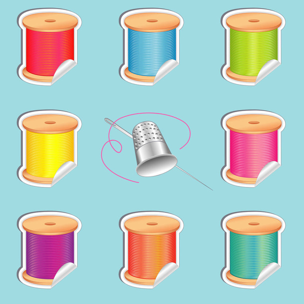 Naald en Threads Stickers, vingerhoed, strand zomer kleuren - Vector, afbeelding