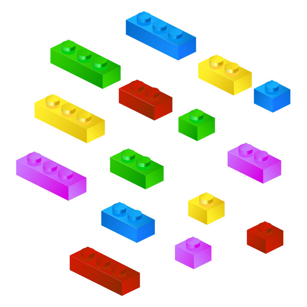 Bouw plastic speelgoed kubussen. Connector bakstenen. 3D Isometrische set. Spel blok. Vectorillustratie - Vector, afbeelding