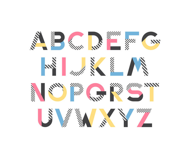 Geometrical pattern and color blocks' latin font, pop art graphical decorative type.  - Vecteur, image