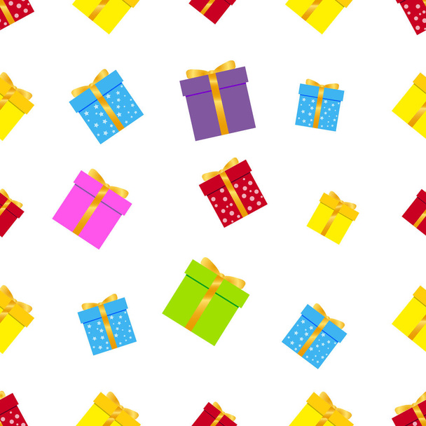 Gift boxes seamless pattern vector in flat design. Presents in various bright, striped, spotted boxes tied color ribbons on white background. Illustration for decoration, event management companies  - Vector, Image