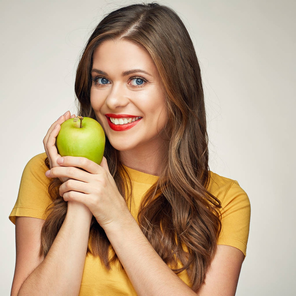 green apple and healthy smile with teeth. - Φωτογραφία, εικόνα
