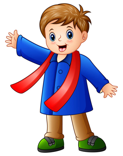 Мультфильм счастливый мальчик в голубой зимней одежде
 - Вектор,изображение