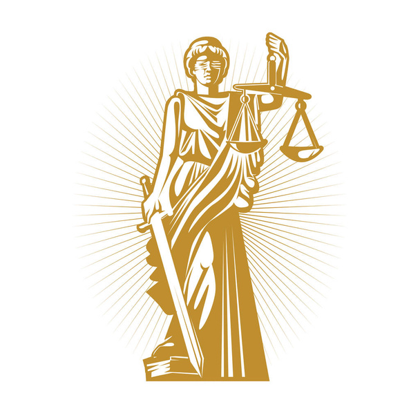 Goldsilhouette der griechischen Göttin der Gerechtigkeit mit Augenbinde, Waage und Schwert. - Vektor, Bild