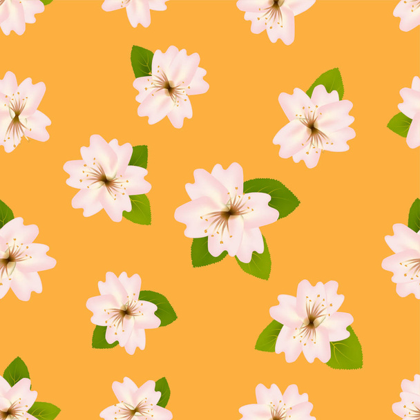Primavera flores de cerezo.Patrón sin costuras con sakura japonesa. Flores rosadas sobre fondo naranja. Ilustración vectorial romántico
. - Vector, Imagen