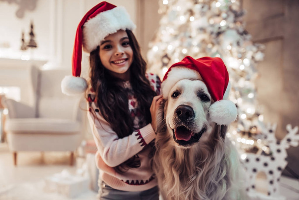 Girl with dog on New Year's Eve - Photo, image