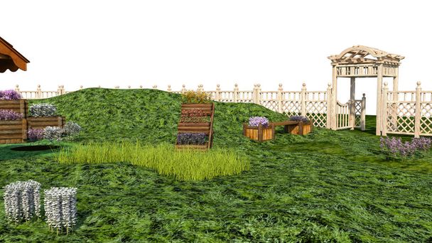 widok na jeden mały ogród z ziół i roślin. Drewniane bramy bez tła - Zdjęcie, obraz