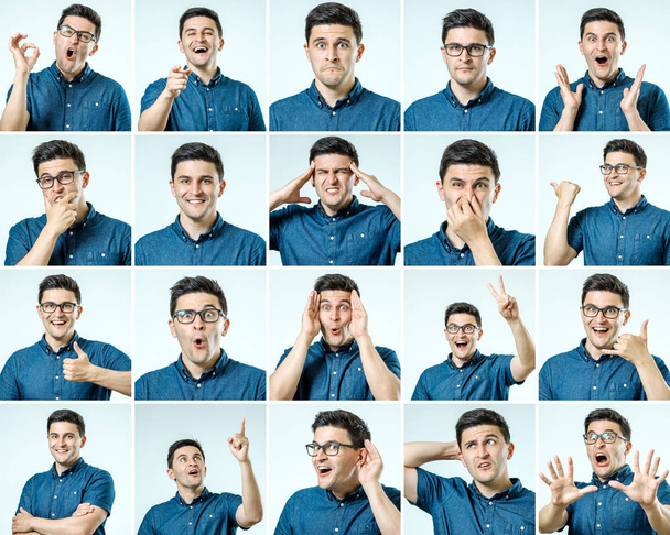 Set of young man's portraits with different emotions and gesture - Fotoğraf, Görsel