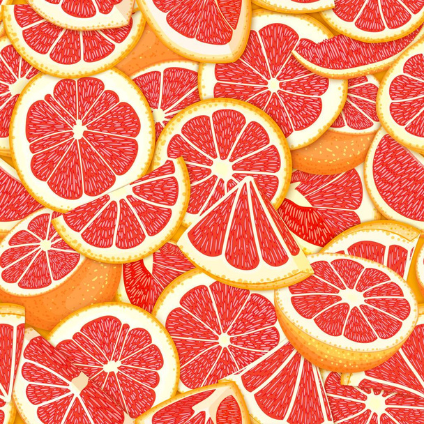 Ripe juicy tropical grapefruit background. Vector card illustration. Closely spaced fresh citrus red pomelo fruit piece of half, slice. Seamless pattern for packaging design healthy food, diet juce - Vector, Image