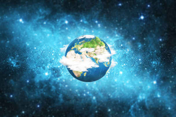 Maan maapallo, jossa on pilviä sinisen avaruustaustan päällä. Abstrakti käsitteellinen kuva
 - Valokuva, kuva