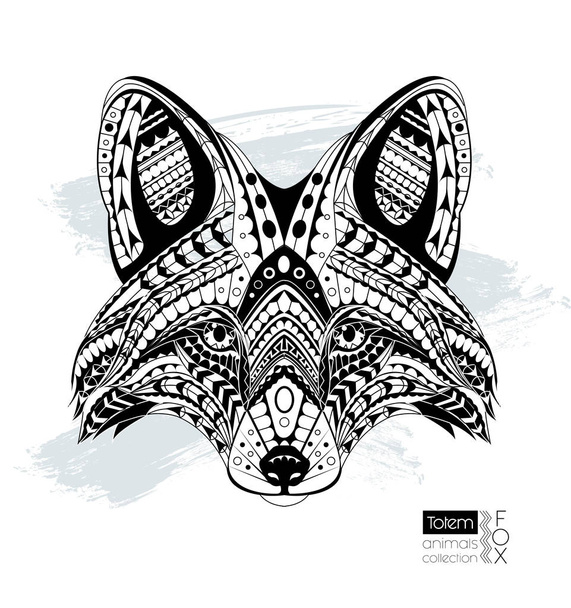Patterned head of fox. Adult anti-stress coloring page. Black white hand drawn zentangle animal. African / indian / totem / tattoo design. T-shirt, bag, postcard, poster design - Vector, Image