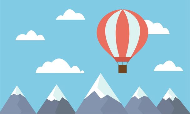 A view of a large and hot air balloon flying between clouds in a blue sky above mountain peaks - vector - Διάνυσμα, εικόνα