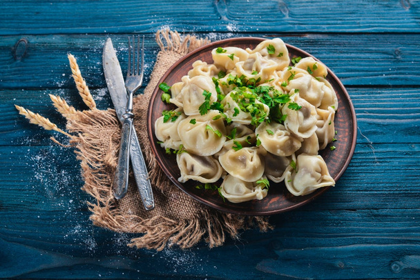 tasty homemade meat dumplings of wholemeal flour or russian pelmeni sprinkled with fresh parsley on plate on wooden table,copy space, view from above - Foto, Imagen