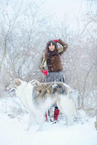 Christmas walk.  Beautiful surprised woman in winter clothes with greyhound dogs stylish winter background with snow, emotions.  portrait of a woman.  New Year - Photo, Image