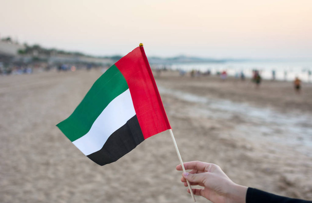 Bandera de la mano Emiratos Árabes Unidos en la playa
 - Foto, Imagen