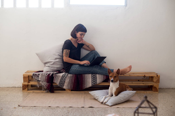woman working at home with pet dog - Zdjęcie, obraz