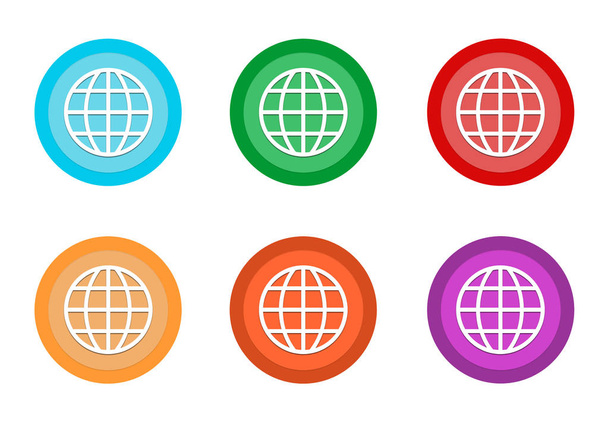 Aantal afgeronde kleurrijke knoppen met wereld symbool in de kleuren blauw, groen, rood, geel, roze en oranje - Foto, afbeelding