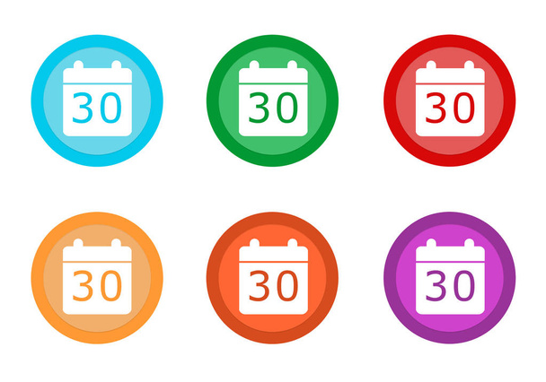 Ensemble de boutons colorés arrondis avec symbole de calendrier en bleu, vert, jaune, rouge, violet et orange
 - Photo, image