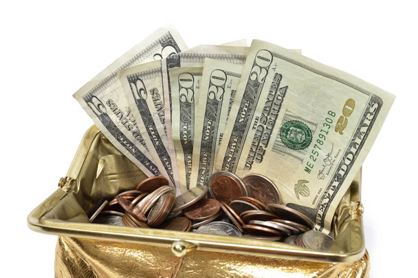 Arany érme erszényes közelről pénzzel - Fotó, kép