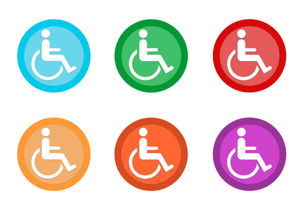 Aantal afgeronde kleurrijke knoppen met gehandicapte symbool in blauw, groen, geel, oranje, paars en rood kleuren - Foto, afbeelding