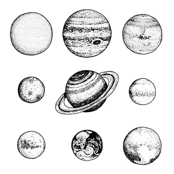 planets in solar system. moon and the sun, mercury and earth, mars and venus, jupiter or saturn and pluto. astronomical galaxy space. engraved hand drawn in old sketch, vintage style for label. - Vector, Image