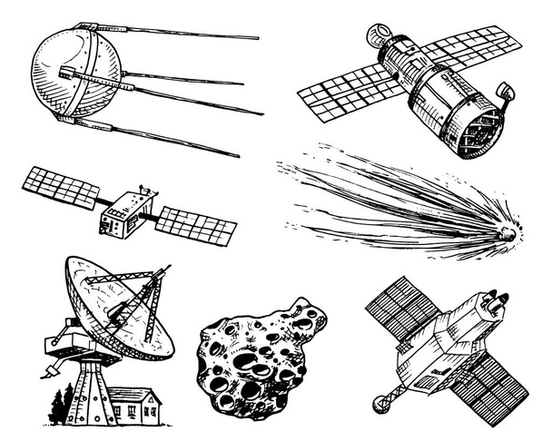 raketoplán, radioteleskop a kometa, asteroid a meteorit, astronaut průzkumu. gravírované ručně kreslenou ve staré skica, vintage styl popisku. létající loď. Rocket spouštění do nebe. - Vektor, obrázek