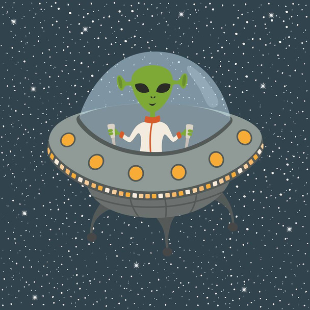 Cartoon Alien in Flying Saucer - Vector, Image