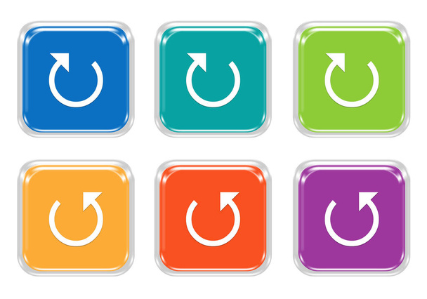 Conjunto de botões coloridos quadrados arredondados com símbolo de seta e recarga nas cores azul, verde, amarelo, roxo e laranja
 - Foto, Imagem