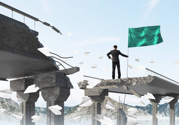 Задний план уверенного бизнесмена в костюме, держащего флаг в руке, стоя среди летающих бумажных самолетов на разбитых мостах с облачно панорамным видом на задний план. 3D рендеринг
. - Фото, изображение