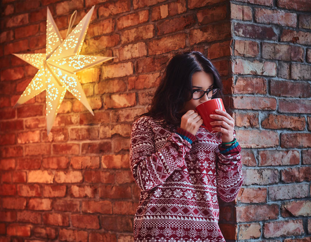 Muotokuva brunette nainen pukeutunut punainen villapaita juo kahvia seinän yli tiili
. - Valokuva, kuva