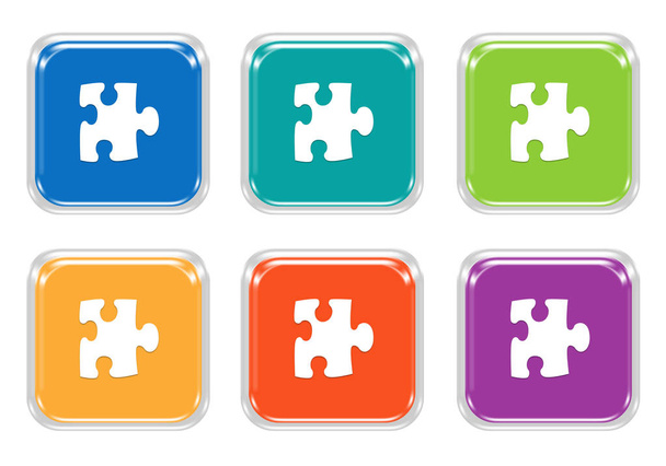 Puzzle szimbólum, kék, zöld, sárga, lila és narancssárga színekben lekerekített négyzet színes gombok csoportja - Fotó, kép
