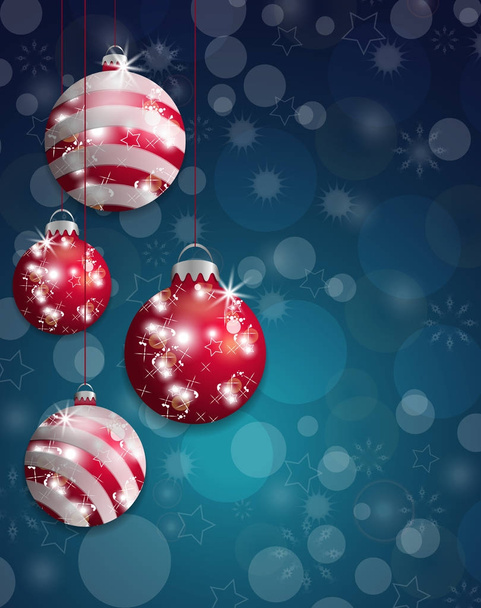 Dark blue Christmas background bokeh with hung red baubles. Vector - Vektori, kuva