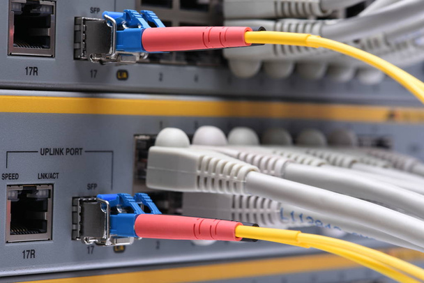 Netwerk- en fiber optic ethernetkabel aangesloten op internet switch - Foto, afbeelding