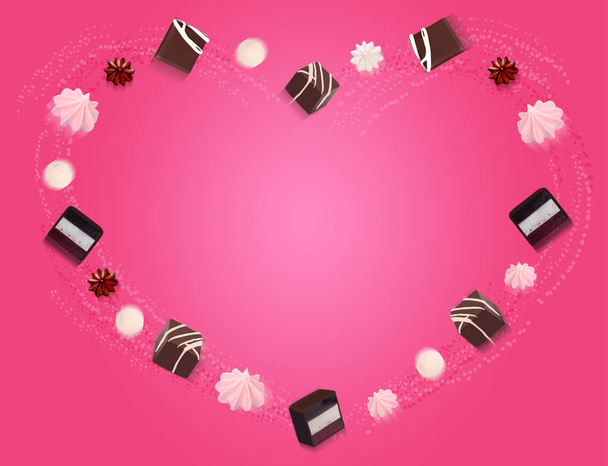 Chocolate candies flying on a pink background. - Photo, Image