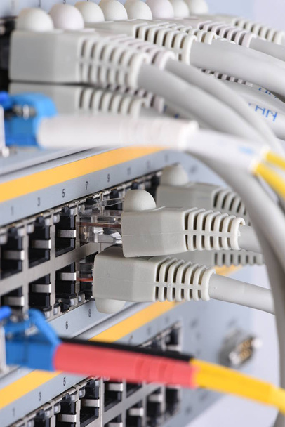 Optické vlákno a síťové kabely připojené k přepnutí v datovém centru, technologií sítě internet - Fotografie, Obrázek