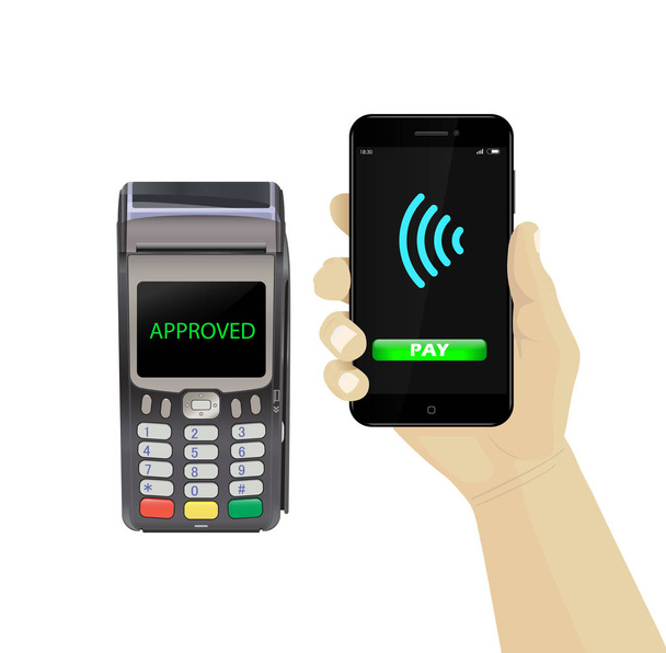 POS terminal with hand and smartphone. Payment approved by smart - Vector, Image