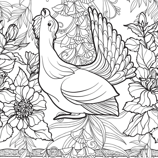 Seamless pattern, background with decorative flowers and bird - Vecteur, image