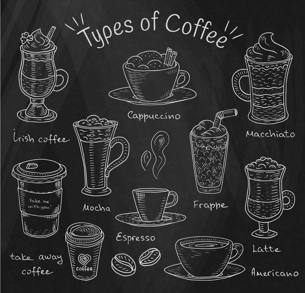 Mooie illustratie van soorten koffie. Espresso, cappuccino, american, afhaalmaaltijden, latte, mokka, Ierse koffie, frappe, koude koffie - Vector, afbeelding
