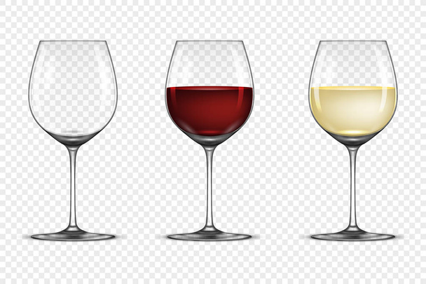 Vector realistic wineglass icon set - empty, with white and red wine, isolated on transparent background. Design template in EPS10. - Vektor, Bild