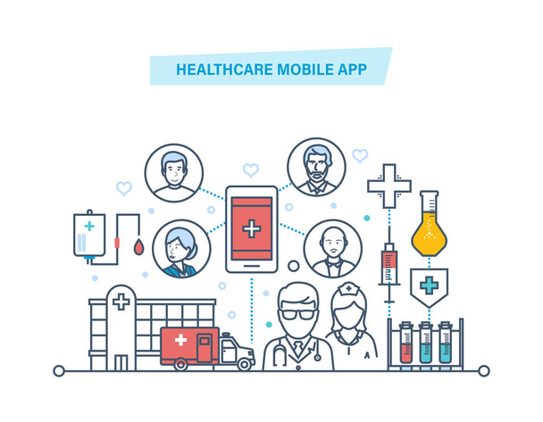 Application mobile de soins de santé. Service mobile. Médecine santé, médecine mobile consultant
. - Vecteur, image