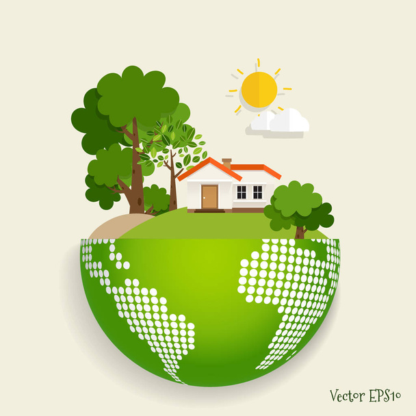 Green eco city living concept mit grüner Öko-Erde und Bäumen. Vektorillustration. - Vektor, Bild