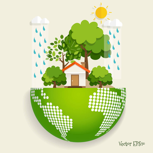 Green Eco město žijící koncept s Green Eco Země a stromy. Vektorová ilustrace. - Vektor, obrázek